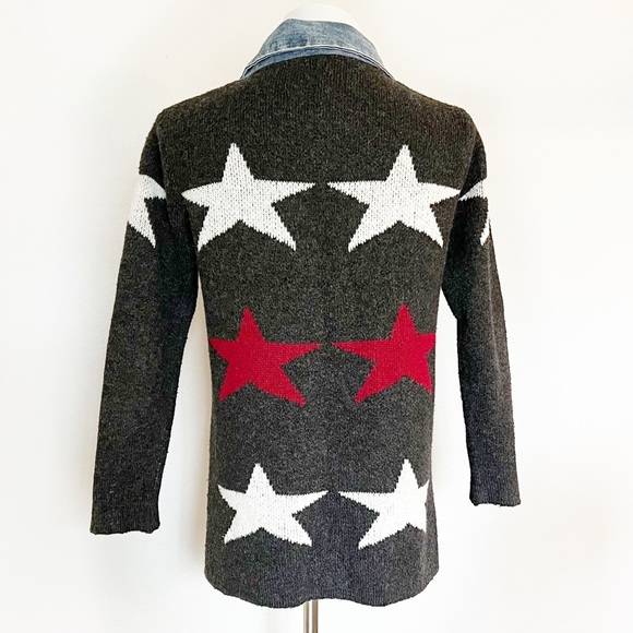 WOOL STAR PRINT CARDIGAN DENIM TRIM OPEN FRONT COLLARED SWEATER COAT GRAY Siz… - Picture 7 of 13
